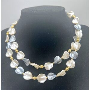 Long 28" Beaded Faux Pearl Necklace Gray‎ Cream Gold Tone Statement